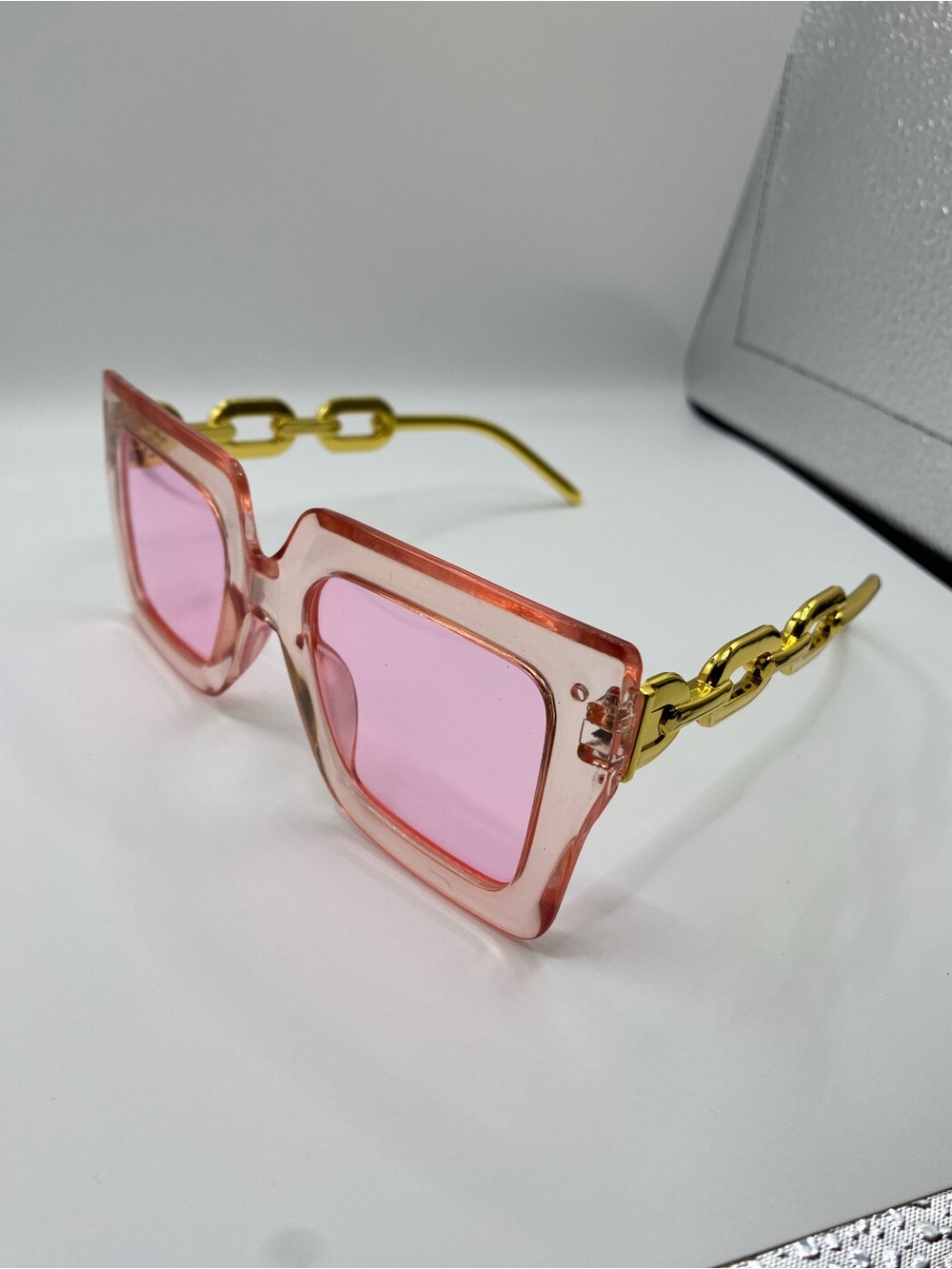 Pink Square Frame Sunglasses with Gold Chain Temples